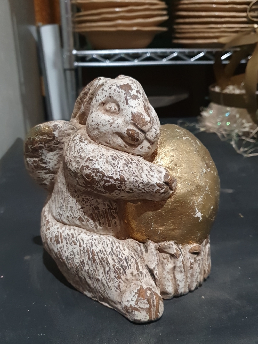 Whitewashed Bunny Sculpture with Gold Egg - Home Art
